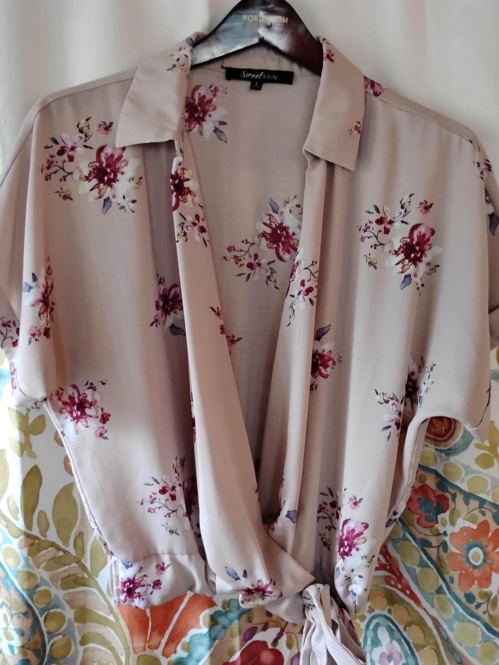 Sweet Rain Dusty Blush Floral Tie-Front Blouse